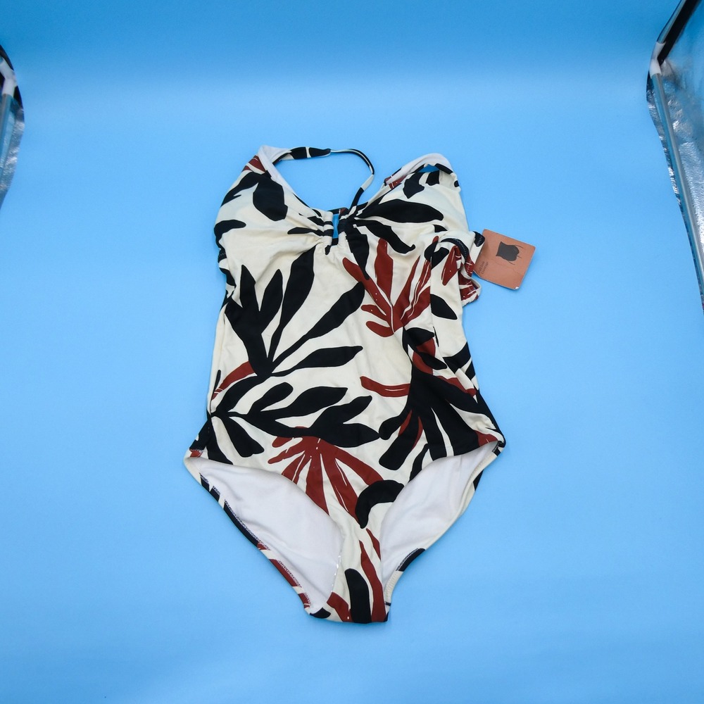 Shade & Shore Swimsuit Women Small One Piece Cream Black Leaf Print Polyester